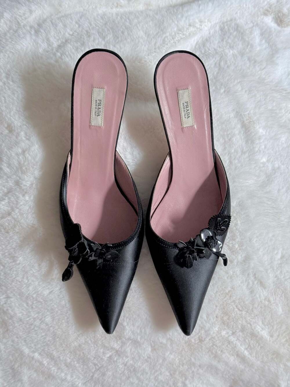 Prada Vintage Black Satin and Suede Kitten Heel Mules with Floral Accents - Picture 1 of 7